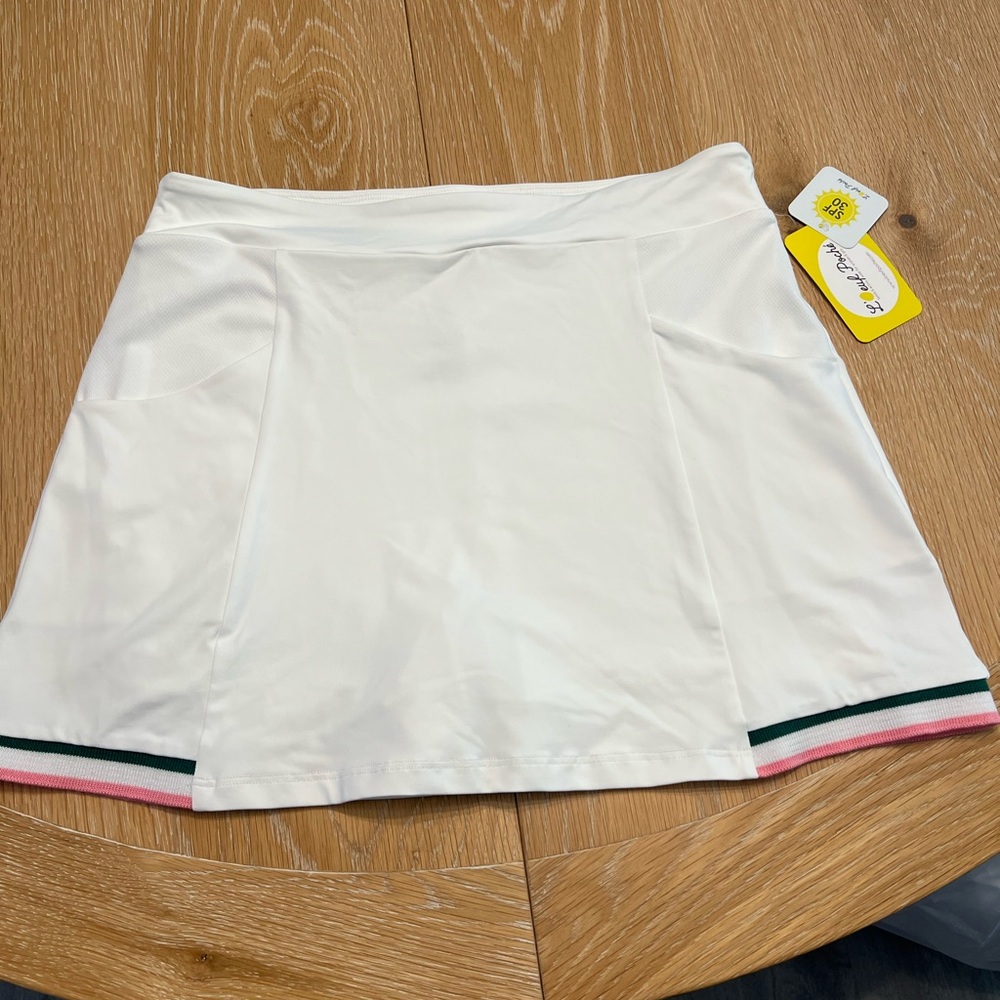 White Tennis Skirt with Pink and Green Trim